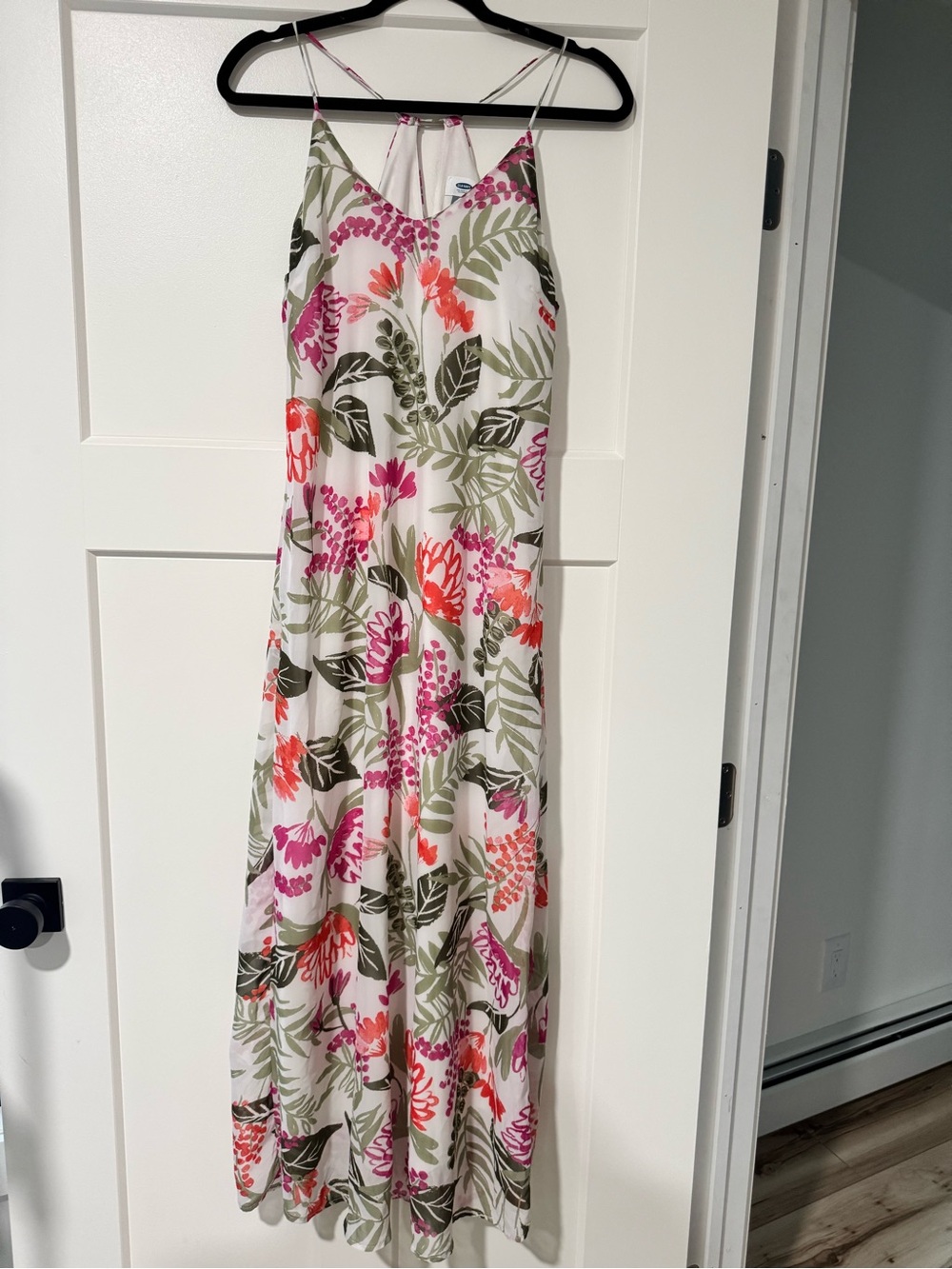 Old Navy White Maxi Dress with Pink, Coral & Olive Floral Print